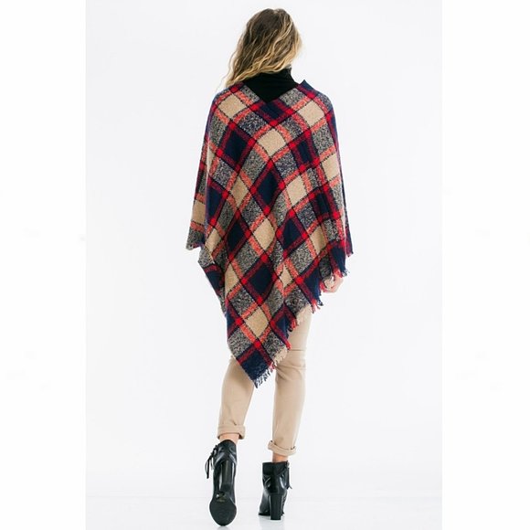 Navy Chic Plaid Fringed Blanket Poncho Sweater - Picture 3 of 8